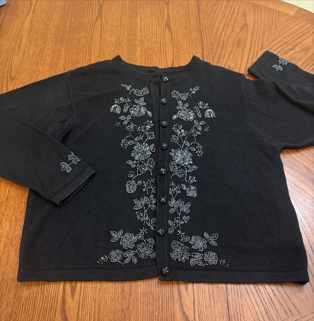 Vtg Victoria Jones Black Beaded Cardigan - Floral Embroidery - Fits Modern L/XL